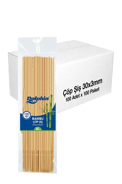 Dolphin Bambu Çöp Şiş 30cm x 3mm 100lü x 100 Paket (Koli) - 1