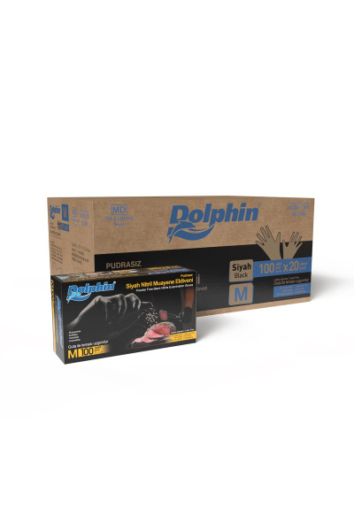 Dolphin Siyah Çok Amaçlı Nitril Muayene Eldiveni M Beden | 20 Paket Koli - MDR - Dolphin