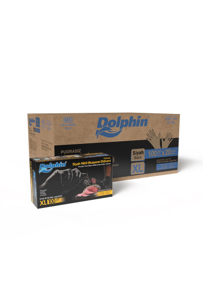 Dolphin Siyah Çok Amaçlı Nitril Muayene Eldiveni XL Beden | 20 Paket Koli - MDR - Dolphin