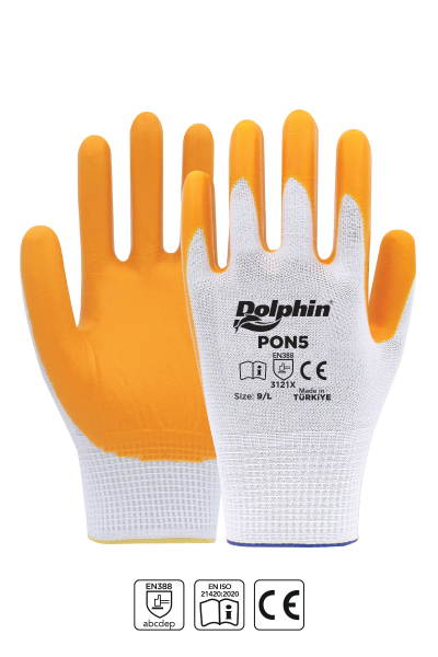 Dolphin Polyester Nitril İş Eldiveni Beyaz/Sarı PON5 9-L 1 Çift - 2