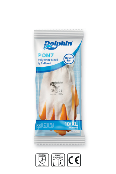 Dolphin Polyester Nitril İş Eldiveni Beyaz/Sarı PON7 10-XL 1 Çift - 3