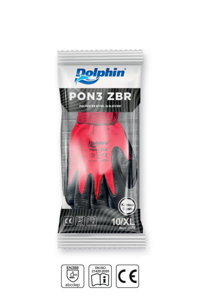 Dolphin Polyester Nitril İş Eldiveni Kırmızı/Siyah PON3 ZBR 10-XL 1 Çi - 4