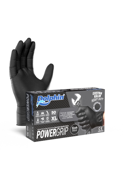 Dolphin PowerGrip Ekstra Kalın Siyah Nitril Eldiven Elmas Dokulu XL 50 Adet - 1