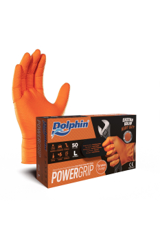 Dolphin PowerGrip Ekstra Kalın Turuncu Nitril Eldiven Elmas Dokulu L 50 Adet - Dolphin