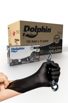 Dolphin Siyah Nitril Eldiven Pudrasız Ekstra Kalın L 100 Adet x 10 Paket - Koli - Dolphin