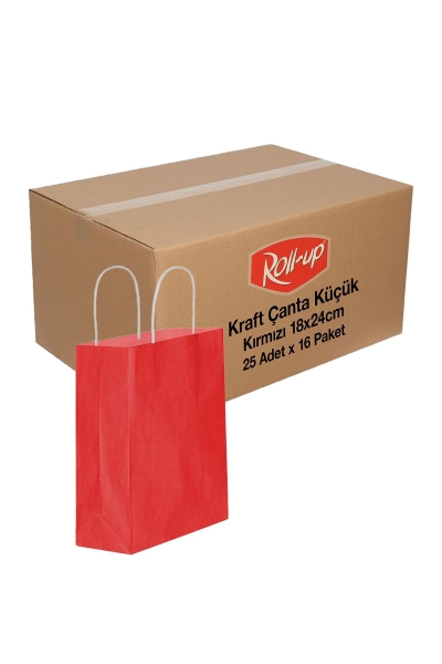 Roll-Up Kraft Çanta Kırmızı Küçük Boy 18x24cm 25 Adet x 16 Paket Koli - 1