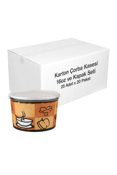 Şeffaf Kapaklı Karton Çorba Kasesi 16oz 25li x 20 Paket (Koli) - 1